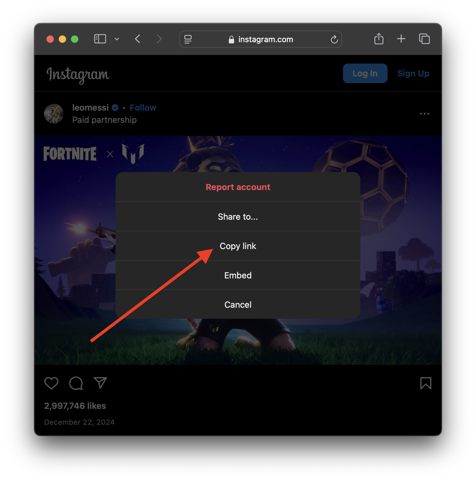 Copy link option in Instagram menu