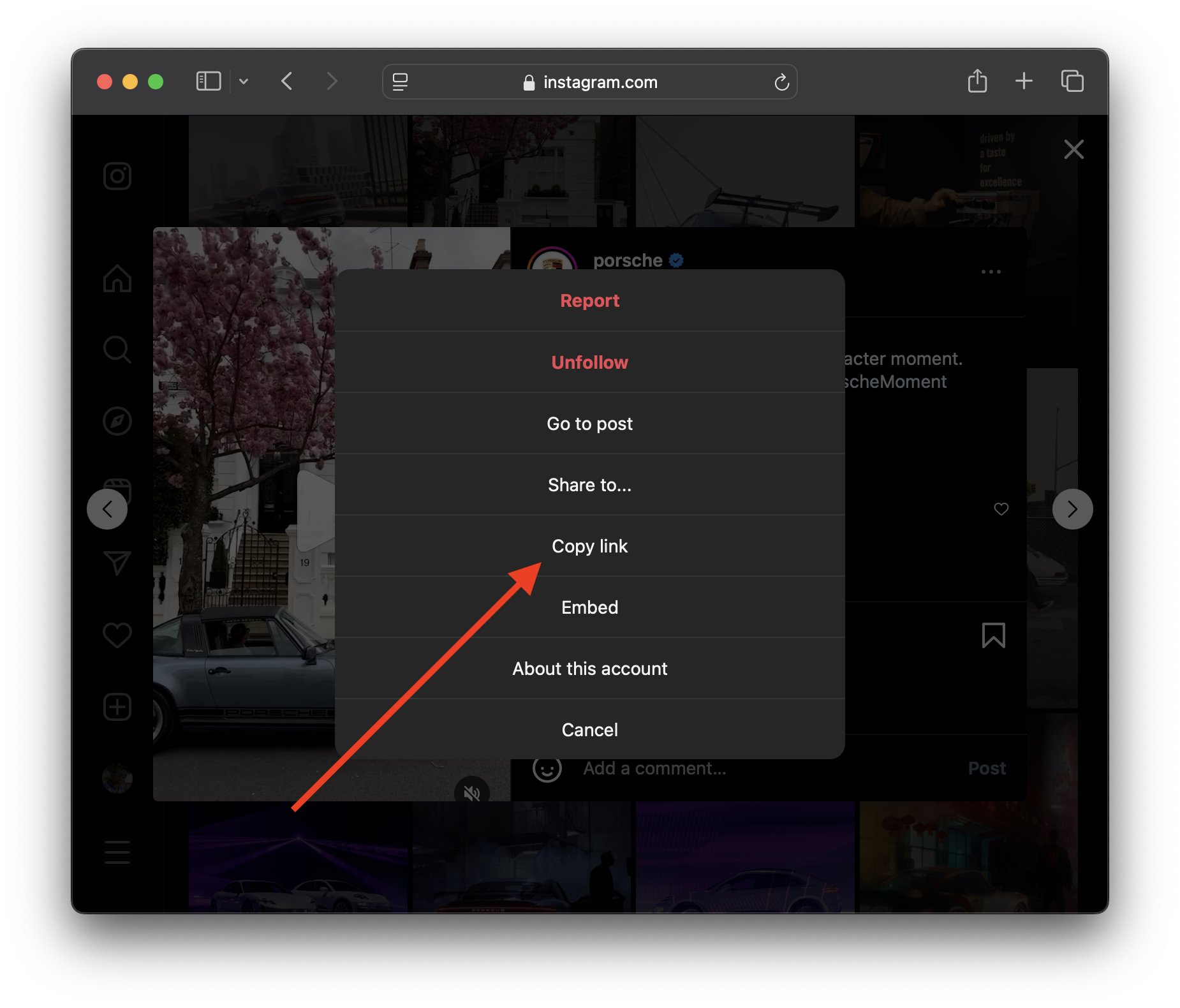 Copy link option in Instagram Reel menu